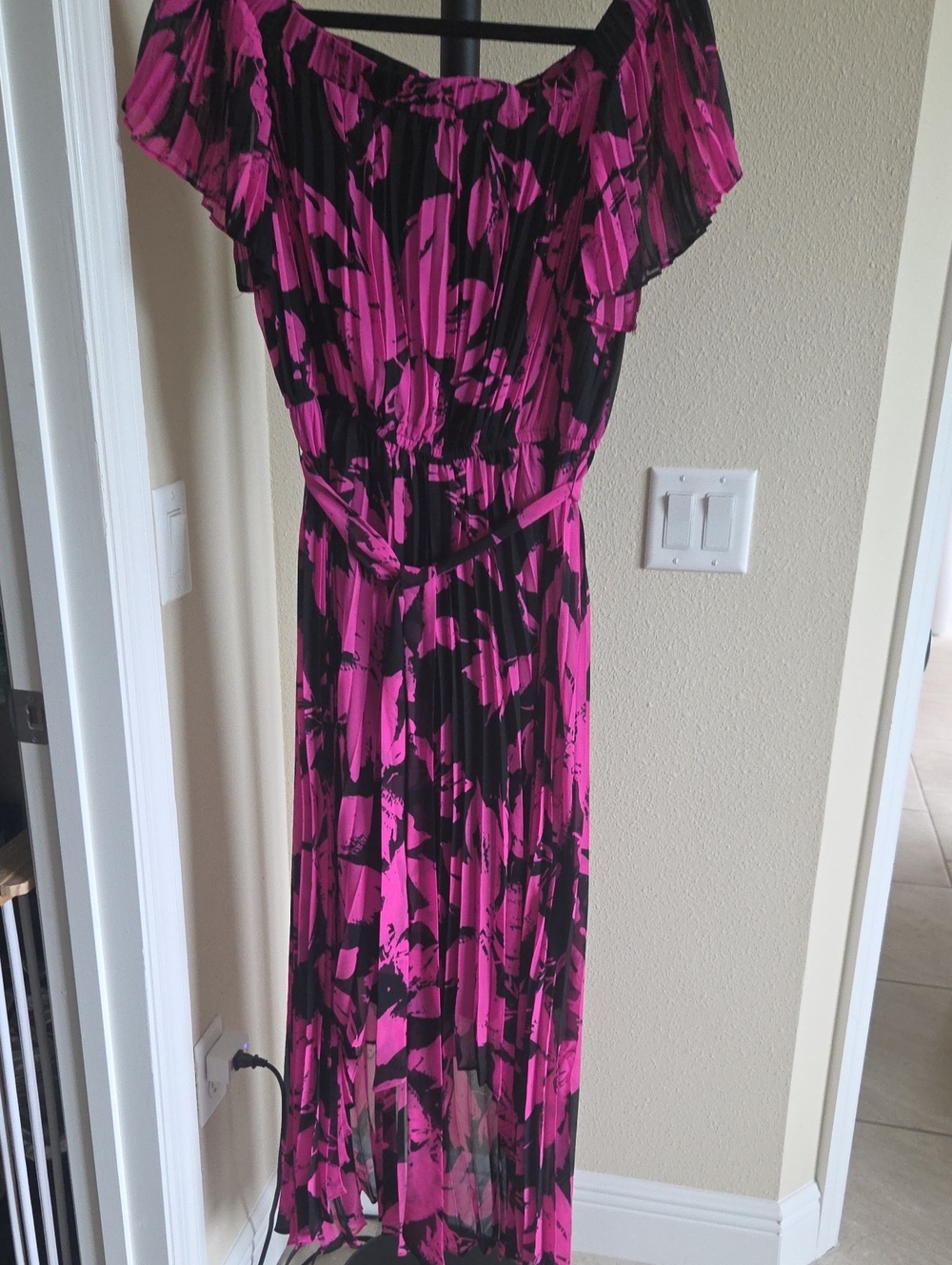 Joseph Ribkoff Hot Pink and Black Off-Shoulder Maxi Dress